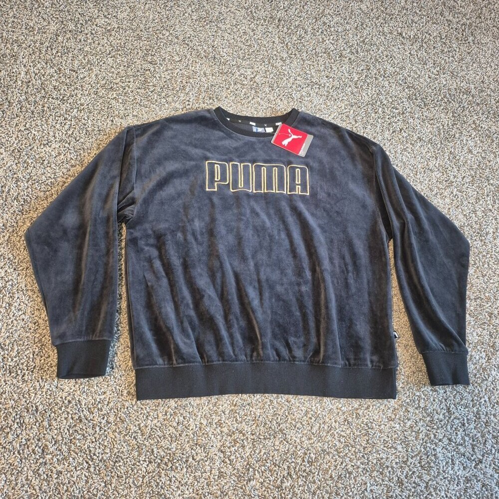 Puma Sweatshirt Crewneck Velour Velvet Black Gold Logo Lounge New Womens XL